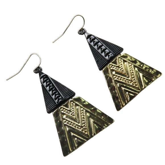 1980s Vintage Funky Gold & Black Tribal Aztec Geometric Triangle Earrings - Picture 3 of 3